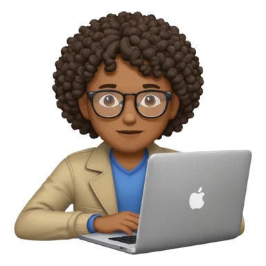 Black man with curly hair and glasses sitting with a laptop in front, emoji style sticker