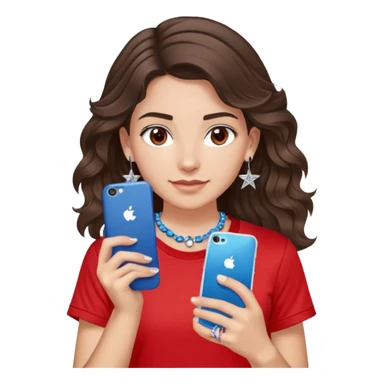 brunette girl with wavy medium length hair, brown eyes, light/medium skin tone, holding iPhone and light phone, wearing red Adidas t-shirt, small silver hoop earrings with blue gem stars, and a different colorful beaded charm necklace sticker