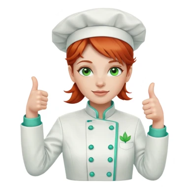 Redhead girl Chef with green eyes wearing a white jacket with aqua trim, giving a thumbs up sticker
