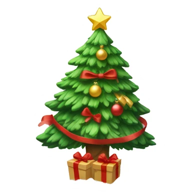 Christmas tree with cute decorations and red bow and snow sticker