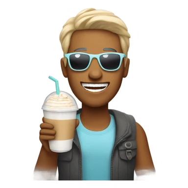 Person excited with ice latte and sunglasses sticker