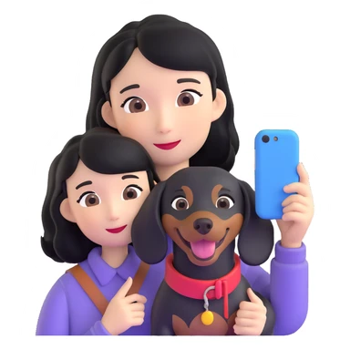 black hair asian girl taking selfie with black dachshund sticker