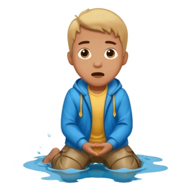 apple style emoji of a man who has fallen into a puddle, kneeling and looking surprised sticker