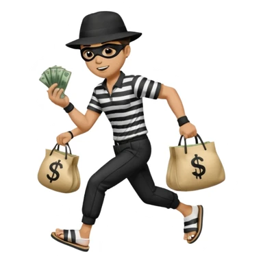 Make a man wear a black pant and he shirt is balck line and white line and wear a black hat and he holding a money bag and he running he wear a black eye thing no money in the Left hand and he yellow and the money bag in the right he wear a flip flop like this is Money bag 💰 sticker