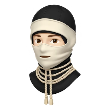 Deconstructed off-white balaclava with frayed layers, rope tassels, subtle embroidery. Studio photo, white bg, soft light. Streetwear luxury style.
 sticker
