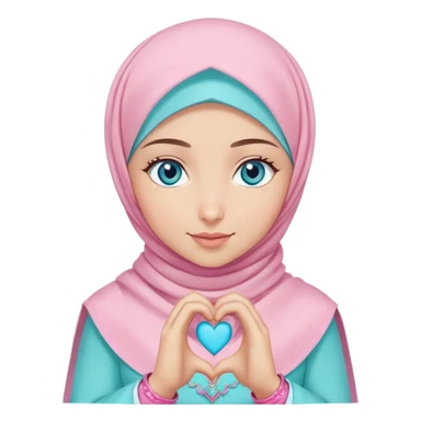 Turkish beautiful finish Konya girl blue eyes with light turquoise and pink hijab islamic dress and making heart with hands and with thank you text sticker