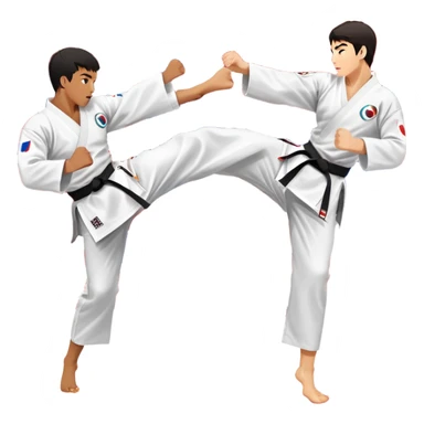 Two taekwondo fighters in a competition arena, one performing a high spinning kick towards the opponent’s head, while the other blocks with a precise guard. The background features a dynamic, bright arena with flags, emphasizing speed and agility in the martial art. Transparent background  sticker