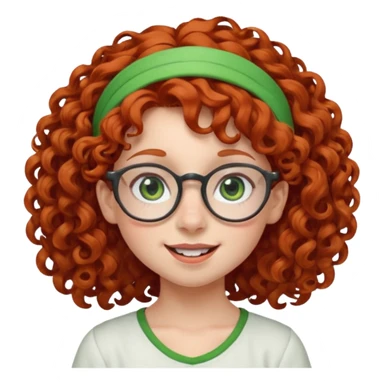 redhead kid with unique face features and very curly hair kid girl happy and big glassess and big nose and very green eyes and headband sticker