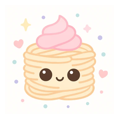 {
  "style_description": {
    "overall_look": "Cute, minimal, and soft with a friendly and playful tone",
    "material_simulation": {
      "primary_material": "flat digital color",
      "texture_detail": "smooth surfaces with no texture or shading",
      "pattern": "none or very simple decorative accents (e.g., hearts, stars)"
    },
    "geometry": {
      "edge_style": "rounded, soft curves with no sharp angles",
      "dimensionality": "flat two-dimensional appearance with simple shapes"
    },
    "color_palette": {
      "scheme": "pastel and light tones",
      "preferred_colors": ["pink", "mint", "lavender", "baby blue", "peach"],
      "contrast": "low contrast with bright accents"
    },
    "facial_features": {
      "eyes": "large, sparkly, often oval or circular",
      "mouth": "small, often a simple curve or dot",
      "expression": "joyful, innocent, or calm"
    },
    "lighting": {
      "type": "none or implied with soft highlights",
      "purpose": "maintain a clean and cheerful look"
    },
    "render_constraints": {
      "avoid": ["realistic shading", "high detail", "dark themes", "texture noise"],
      "focus_on": ["cute expression", "iconic simplicity", "emotional warmth"]
    },
    "background": {
      "color": "white or soft pastel",
      "style": "plain or patterned with simple icons (e.g., polka dots, stars)",
      "lighting_consistency": "no shadows, evenly lit feel"
    }
  }
}

{subject} = linguine cake sticker
