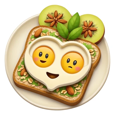 Vegetarian breakfast emoji illustration, flat iOS emoji style, toast, fruits, oatmeal, nuts, milk, no eggs, no meat, no fish, no non-vegetarian food, clean white background.” sticker