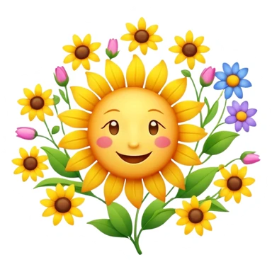 Happy smiling sun character with spring flowers blooming around it sticker