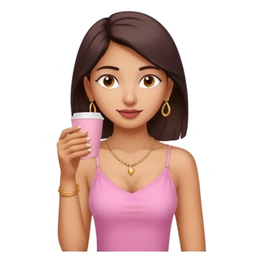 a pretty fair indian bratz girl with a pink cami top, drinking takeaway brown coffee, golden dainty necklace sticker