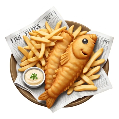 Fish and Chips Cinematic Realistic Fish and Chips Dish Emoji, depicted as a crispy battered fish fillet and golden chips served in traditional newspaper wrapping, rendered with lifelike textures and warm natural lighting that captures its iconic British street food charm  . sticker