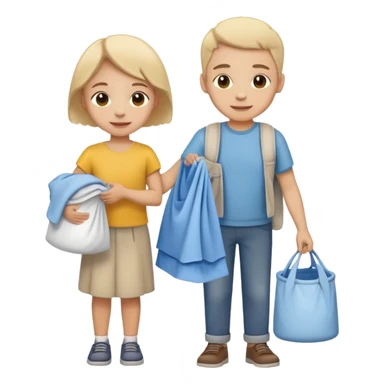 child carrying laundry with a parent, happy and responsible sticker