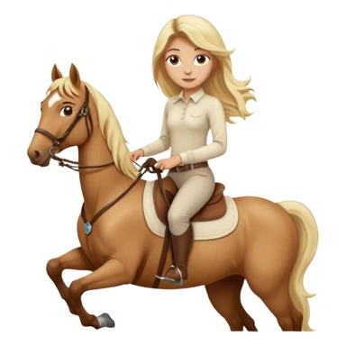 Tan girl with long blonde hair wearing a cream colored long sleeve shirt and riding pants on top of a brown horse with 4 legs sticker