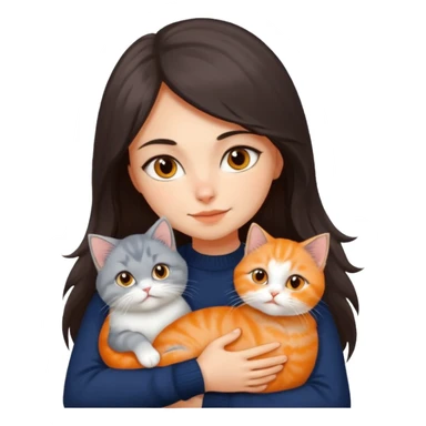 a girl with long dark brown hair, in a navy sweater, hugs a persian peaknose grey cat and persian peaknose orange and white kitten sticker