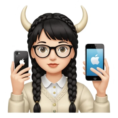 Black hair is braided to one side, braided to the left, and full bangs, wearing horn-rimmed glasses, holding an iPhone white color and taking a mirror selfie so that Apple logo comes out sticker