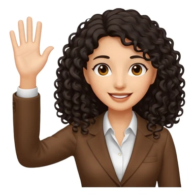 medium deep tan brown business woman with long black curly hair, waving hand with happy face and holding a laptop sticker