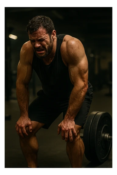 Uomo in palestra durante un allenamento, piegato su sé stesso con le mani sulle ginocchia, sudato, visibilmente esausto. Ha un'espressione di frustrazione e affaticamento estremo. Pesi pesanti accanto a lui, atmosfera intensa, luci soffuse. Il corpo mostra segni di sforzo eccessivo e accumulo di fatica. in italiano sticker