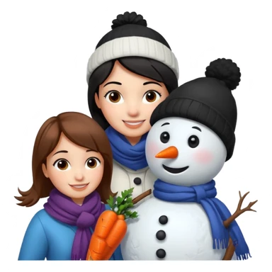 Cartoon girl with brown hair and scarf, building a snowman. Cartoon boy with black hair, placing a carrot nose on the snowman, smiling sticker