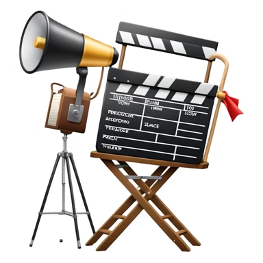 Icon for Directing: a director's chair, a film slate, a megaphone, and a stage set with lights. The icon should represent the creative and leadership aspects of directing, with focus on film and theater production. Transparent background. sticker
