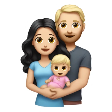 White Woman with long wavy black hair next to white man with blonde hair holding baby with pink bow in hair sticker
