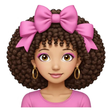Naturally tan skin girl short darkBrown curly afropink shirt very long lashes hoop gold earrings Brown eyes gyaru smiling closed mouth cute non perfect circular afro. Pink bow hairclip sticker
