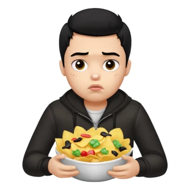 a PRETTY BRATZ boy with black hair, stuffing his face with chips and looking sad sticker