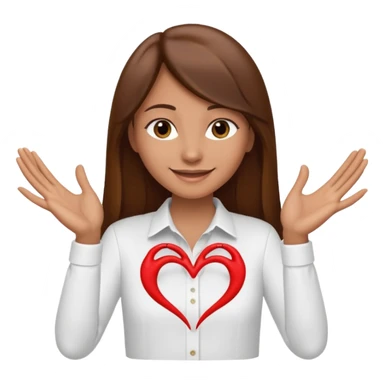 Mujer trigueña cabello largo lacio castaño haciendo un corazon con sus manos con camisa blanca sticker