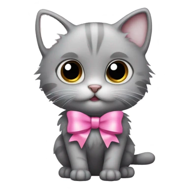 fluffy gray little cat with big eyes and a pink bow sticker