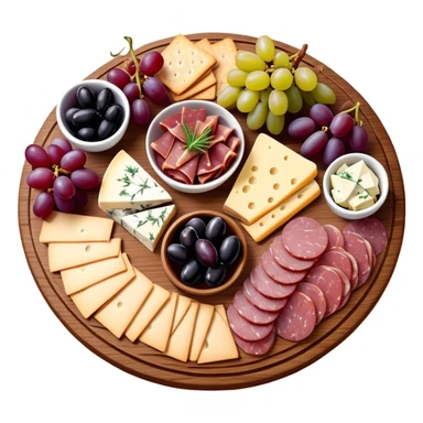 Delicious charcuterie board with assorted cheeses, meats, crackers, grapes, and olives arranged beautifully on a wooden board sticker