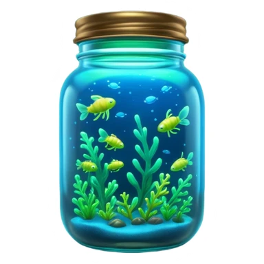 3D render of Firefly Jar, bioluminescent deep sea style, glowing neon blue and green lights, dark background to contrast the glow, translucent organic textures. sticker