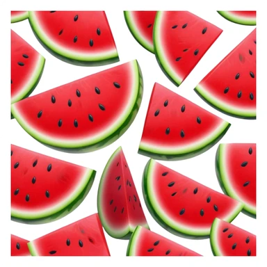 Cinematic juicy watermelon, thick slices revealing vibrant red interior, glossy and glistening with tiny black seeds, fresh and refreshing, soft glowing background, summer vibes. sticker