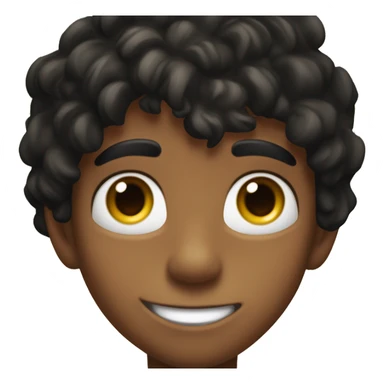 "Close-up of a young boy's face with tousled black hair, tanned skin, and big, expressive brown eyes full of curiosity. He has a playful smile and slight freckles, set against a blurred jungle background." sticker