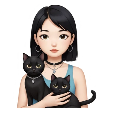 Asian cool girl, black hair, medium length.  Holding two BLACK cats. one cat has a round fat face, the other one has a slightly slimmer face. Both pure black.  The girl also wearing a black singlet, a black chocker, silver round hook earring, and wearing eyeliner.  sticker
