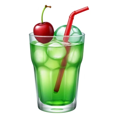 Create an emoji with a very clear rounded glass and ice, bright transparent green soda , a smooth vanilla scoop circle shape, a glossy red cherry, using vibrant colors, soft shading, and clear glass highlights.
 sticker