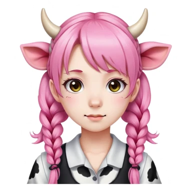 En anime-jente med rosa lange fletter, ku-horn og ku-ører sticker