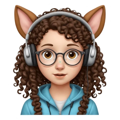 brunette kid with unique face features and very curly long hair kid girl neutral and very big nose and ears and dark eyes with freckles kind of nerd looking and headphone wearing sticker
