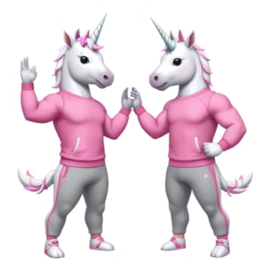 two friendly anthropomorphised male white unicorns with fit, chunky, muscular and strong physiques, arms and legs matching the white of the head, both wearing grey tracksuit pants and pink jumpers, sunglasses, high-fiving each other sticker
