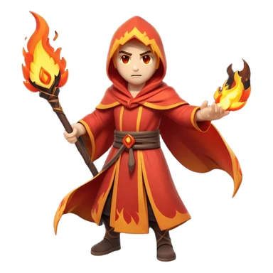 Clash of Clans aesthetic: Cinematic Ferocious Fire Mage Hero Emoji, rendered in a 3D vector-style similar to standard emojis with minimal shading and bold, simplified shapes. A compact, isometric figure draped in flowing, charred and ember-lined robes, wielding a fiery staff crackling with intense flames. Eyes burning with an infernal glow, exuding raw, untamed power. Simplified yet unmistakably iconic, highly detailed and consistent, glowing with a fiery, molten radiance and high shine. Stylized with a touch of menacing sorcery and a searing, ember-infused outline, capturing the essence of a wrathful mage ready to unleash devastating fire magic! sticker