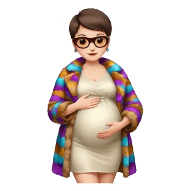 pregnant stylish woman with short pixie brunette hair happily touching her big belly while wearing white dress and fancy brown fur coat and colorful shades sticker