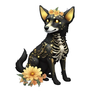 Black iridescent dog fox zombie skeleton gold mechanical nebula galaxy stars flowers fairy lights vintage sticker