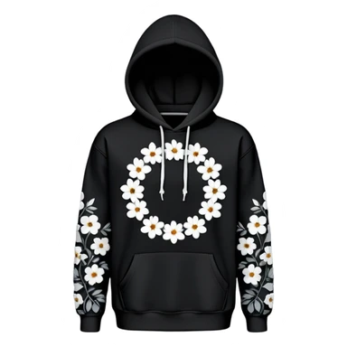 The BLACK Denim Tears Hoodie features a black base with medium-sized black and white flowers. Each flower has a white outer ring with an open, hollow center, giving it a bold and distinctive look. These ring-like floral patterns are scattered across the hoodie, covering the front, sleeves, and hood for a balanced yet eye-catching design. sticker