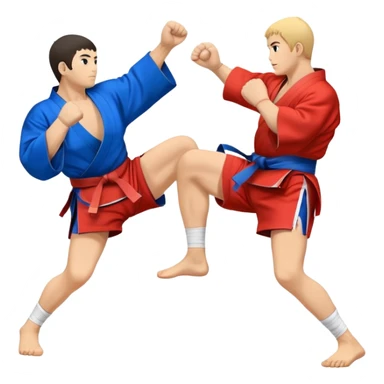An icon symbolizing Sambo, featuring two fighters in blue and red kimonos with shorts and wrestling shoes. One executes a powerful throw, while the other attempts a defensive grab. The fighters are engaged in a grapple, using joint locks and sweeps.  sticker
