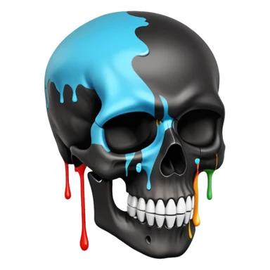smooth black skull with street art colors and brand logos painted within the skull's surface, minimal paint drips that don't extend past skull outline, angled view sticker