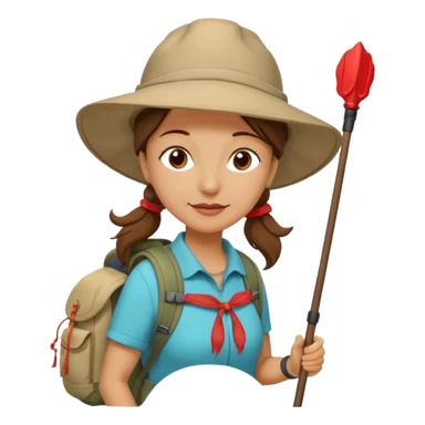 Middle aged women, long brown ponytail with wide brim hiking hat. With backpack and trekking poles. Backpack has a scallop shell with the cross of saint james hanging from it.  Remove the cross and add a scallop shell on a red string hanging from the backpack  sticker