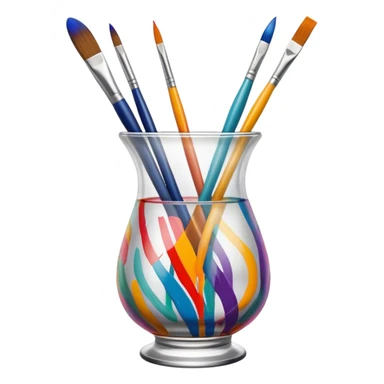 Glass painting icon, colorful brushstrokes on a glass vase, intricate painted patterns on the surface, visible fine paintbrush and palette beside it, no liquid inside the vase, minimalistic style, clean lines, transparent background. sticker