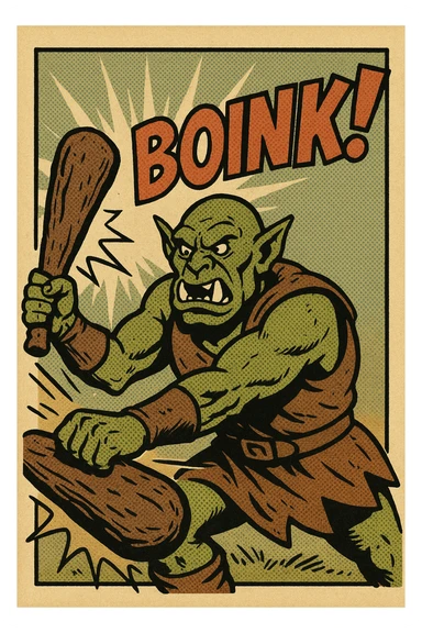 an orc swinging a club with a big 'boink' comic effect, dynamic action, fun and exaggerated sticker