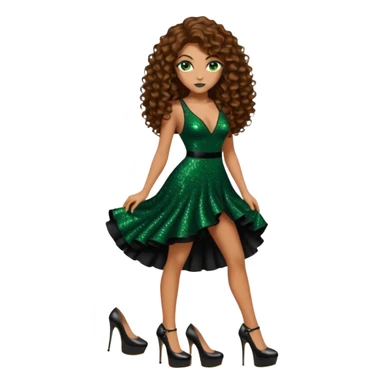 green eyes brown long curly hair woman, mafia boss style with 7 inch platform stripper high heels black glitter dress, Los Angeles Spanish style black outfit sticker