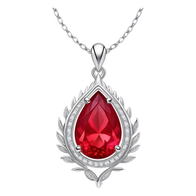 teardrop ruby pendant with fiery light, tiny phoenix feather emerging, haloed by shimmering white stones, silver chain like liquid moonlight sticker